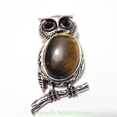 Pandantiv argintiu antichizat, bufnita 48x24mm, cabochon ochi de tigru 25x18mm