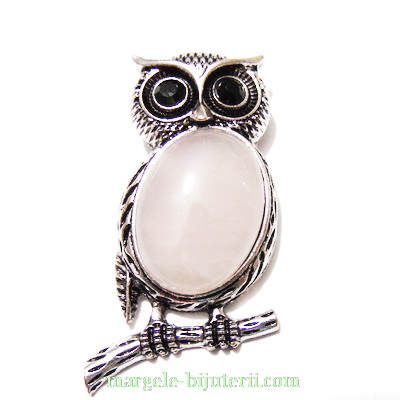 Pandantiv argintiu antichizat, bufnita 48x24mm, cabochon cuart roz 25x18mm