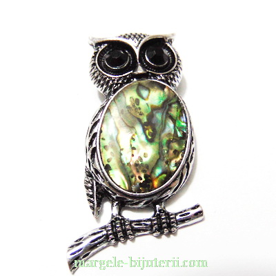 Pandantiv argintiu antichizat, bufnita 48x24mm, scoica Paua 25x18mm
