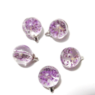 Pandantiv sticla, sferic, 20x15mm, interior floare violet