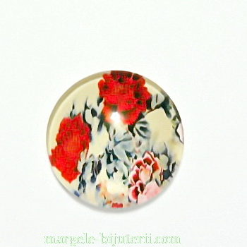 Cabochon sticla, cu flori, 16mm, model 19
