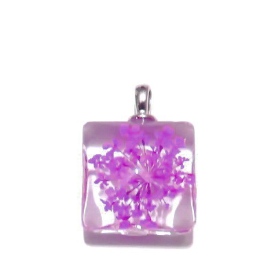 Pandantiv sticla, patrat, 20mm, interior floare violet