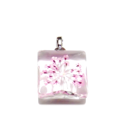 Pandantiv sticla, patrat, 20mm, interior floare roz