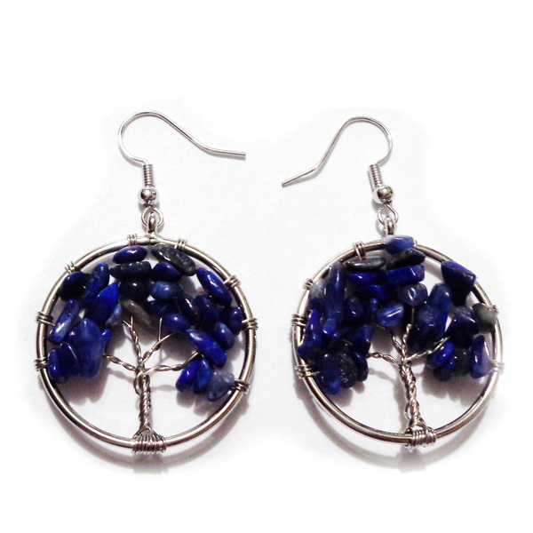 Cercei cu pandantiv copacul vietii cu chips lapis lazuli, 50x30mm 1 pereche
