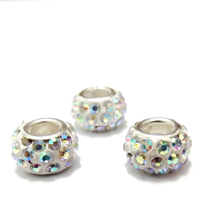 Margele fimo, tip Pandora, rhinestone, albe AB, 11x7mm 