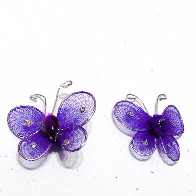 Fluturasi organza violet cu glitter, pe sarma modelaj, 24x24mm 