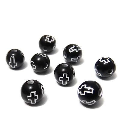 Margele plastic negre cu insertii cruciulite albe, 8mm 10 buc