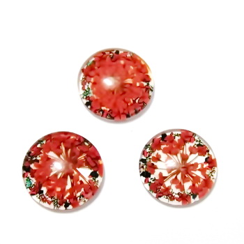 Cabochon sticla, 16x5mm, interior floare rosie