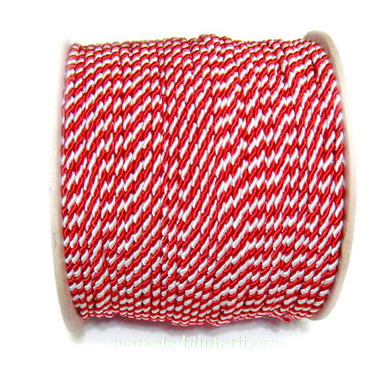 Snur matase rasucit, alb-rosu,pentru martisor, 1.5mm-bobina 100m