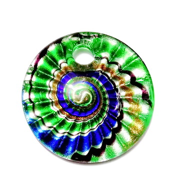 Pandantiv Murano, cu desen spirale, verde cu argintiu, auriu, negrub si albastru,  45x10mm