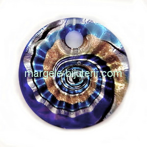 Pandantiv Murano, cu desen spirale, albastru cu verde, glitter auriu si argintiu, 45x10mm