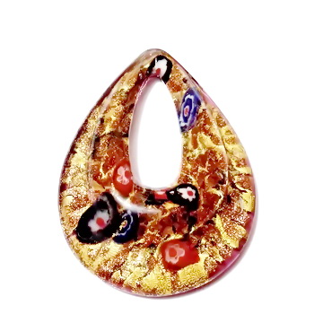 Pandantiv Murano, mov cu auriu si flori multicolore, lacrima 54x40x12mm