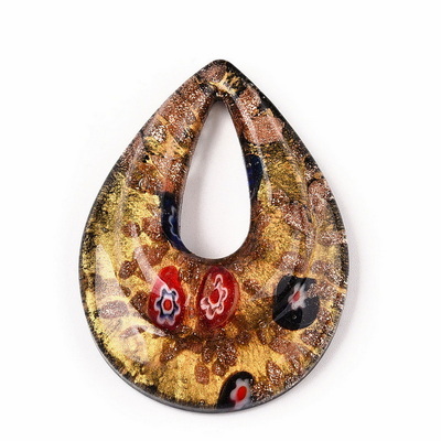 Pandantiv Murano, negru cu auriu si flori multicolore, lacrima 54x40x12mm