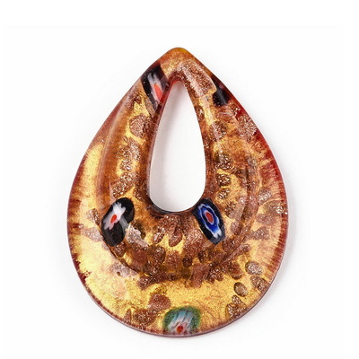 Pandantiv Murano, rosu cu auriu si flori multicolore, lacrima 54x40x12mm