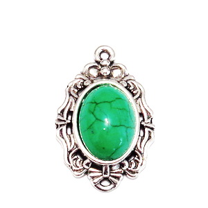 Pandantiv argintiu antichizat 28x18mm, cabochon turcoaz verde de 14x10mm