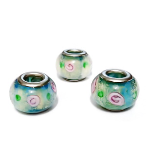 Margele tip Pandora, Lampwork, bleu cu flori, 14x10mm, orificiu 5mm