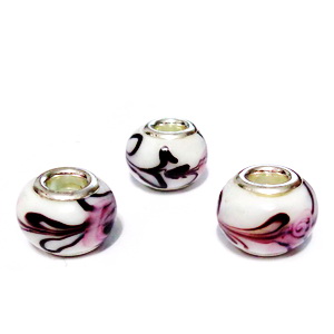 Margele tip Pandora, Lampwork, albe cu flori, 13~14x10~11mm, orificiu 5mm