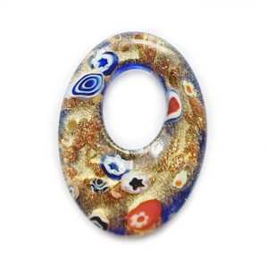 Pandantiv sticla, lampwork, cu flori Mileffiori,albastru, oval, 46x34x9mm