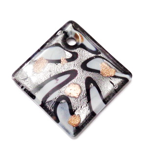 Pandantiv Murano, rombic, argintiu cu alb, negru si auriu, 40x40x7mm