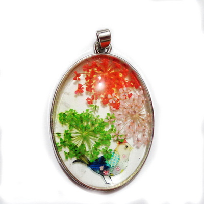 Pandantiv  metalic, 52x32x9mm, cabochon sticla 40x30mm, flori multicolore, model 4