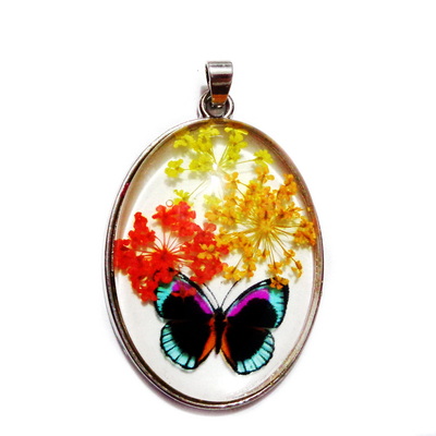 Pandantiv  metalic, 52x32x9mm, cabochon sticla 40x30mm, flori multicolore, model 6
