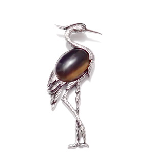 Pandantiv/brosa argintiu antichizat cu cabochon ochi de tigru , pasare 80x35mm
