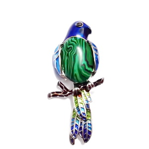 Pandantiv/brosa emailat, multicolor, cu cabochon malachit de sinteza, paun 67x26mm
