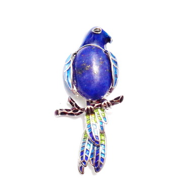 Pandantiv/brosa emailat, multicolor, cu cabochon Lapis Lazuli, paun 67x26mm 1 buc