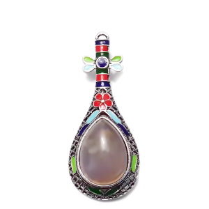 Pandantiv/brosa emailat, multicolor, cu cabochon agata gri, 66x28mm