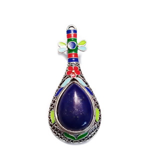 Pandantiv/brosa emailat, multicolor, cu cabochon Lapis Lazuli, 66x28mm