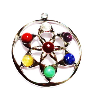 Pandantiv chakra, argintiu inchis cu cabochoane 8mm, 60x54mm