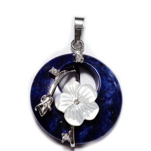 Pandantiv Lapis Lazuli cu accesorii metalice si floare sidef, 35.5~36x28x8mm 1 buc