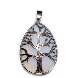 Pandantiv metalic, argintiu inchis, copacul vietii, cu cabochon opalit, lacrima 45x26mm