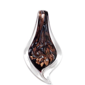 Pandantiv Murano, frunza neagra cu glitter auriu, 65~76x30~35mm 1 buc