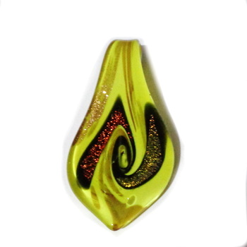 Pandantiv Murano, galben cu negru si glitter auriu, verde si aramiu, lacrima 63x35mm