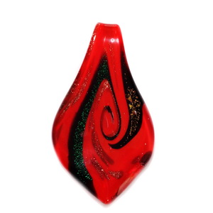 Pandantiv Murano, rosu cu negru si glitter auriu si aramiu, lacrima 63x35mm