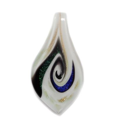 Pandantiv Murano, alb cu negru si glitter auriu, albastru si verde, lacrima 63x35mm