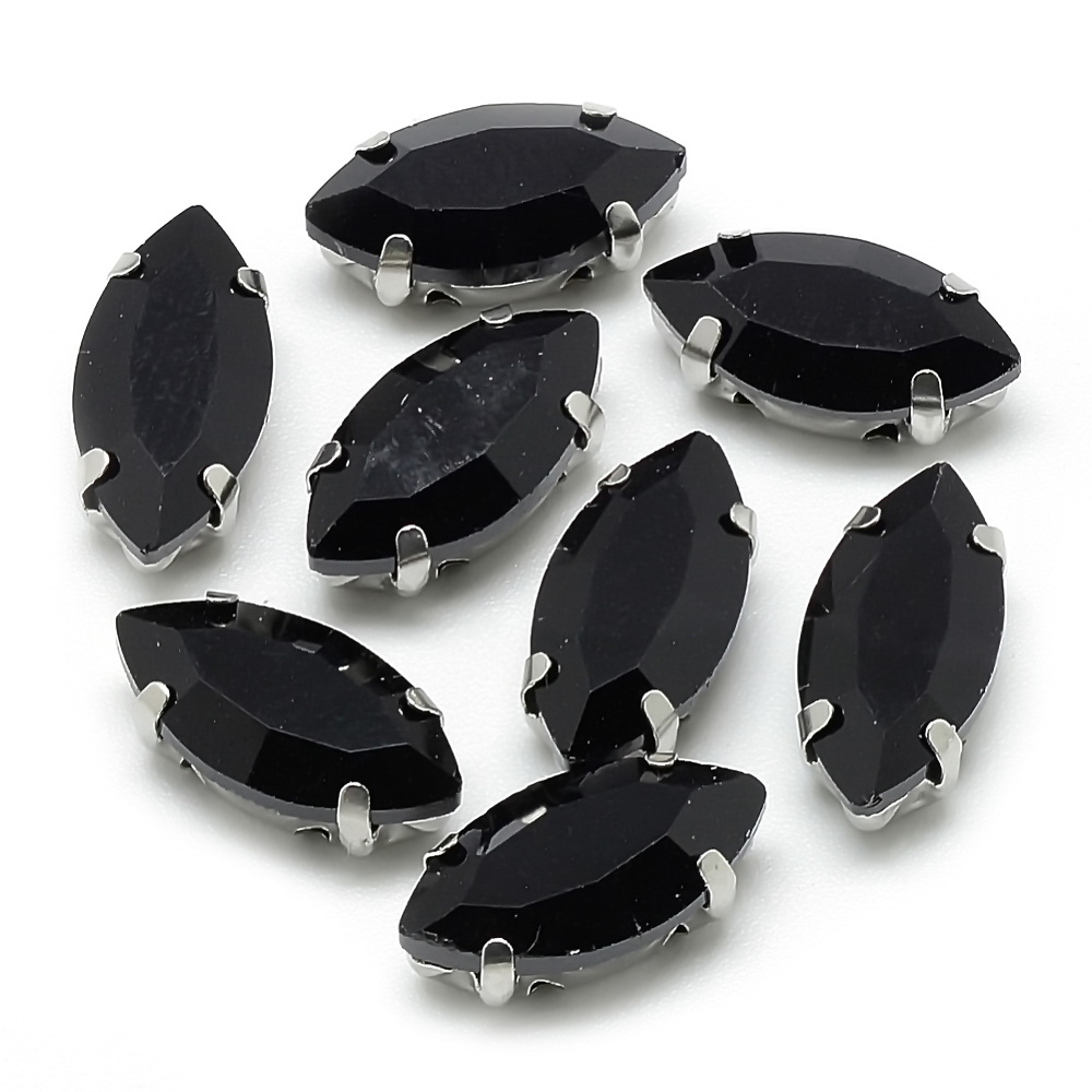 Cristale rhinestone, ochi de cal, negre, de cusut, 8x4x3.5mm 1 buc