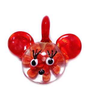 Pandantiv sticla, lampwork, rosu cu portocaliu, soricel, 46x42x12mm 1 buc