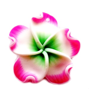 Pandantiv polimer, floare alba cu fucsia, 30~32x6~8mm 1 buc