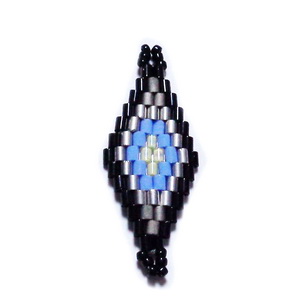 Conector / link margele Miyuki si Toho, negre cu bleu si argintiu, romb 31~32.5x13~13.5x1.5~2mm
