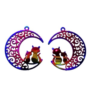 Pandantiv otel inoxidabil 201, IP(placat cu ioni), multicolor, semiluna si pisici, 22x19x0.3mm 1 buc