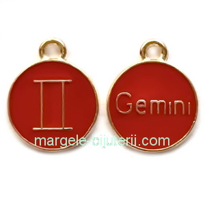 Pandantiv metalic emailat, auriu cu rosu, GEMENI, 15x12x2mm 1 buc