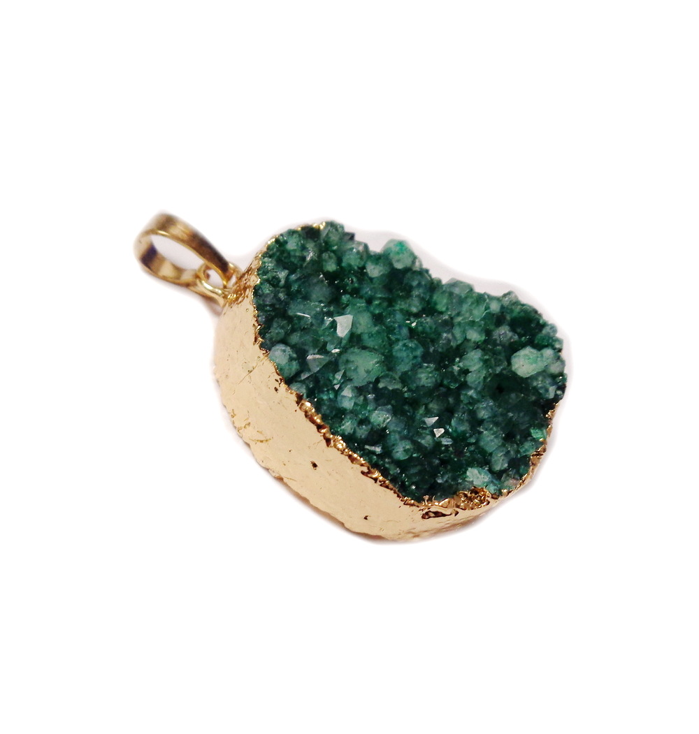 Pandantiv druzy agate verde, ectroplacat cu auriu pe margine, 50x26x7~14mm 1 buc