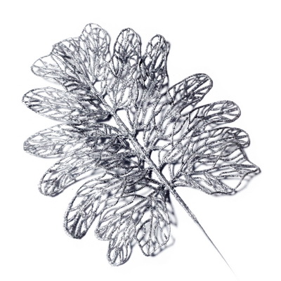 Ornament pt, Craciun, frunza cu glitter argintiu, 22x20cm + codita 22cm 1 buc