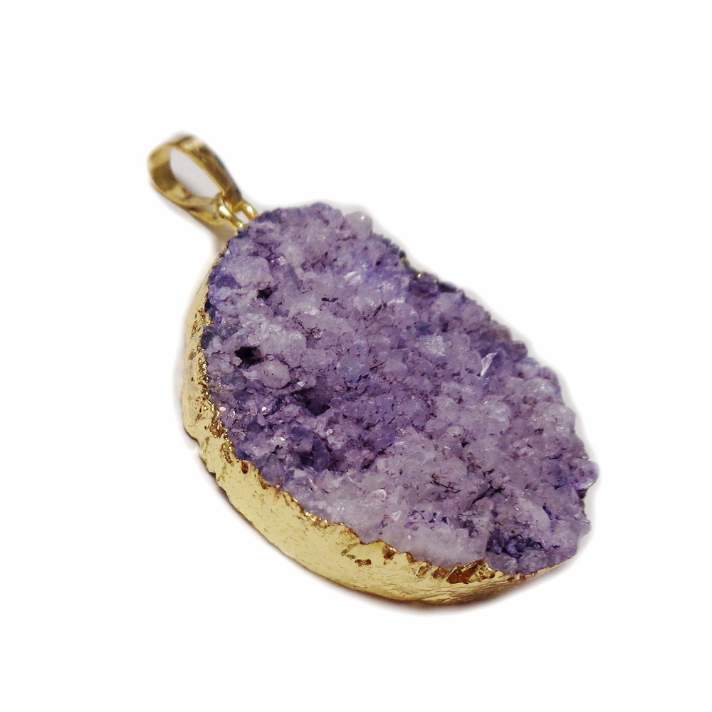 Pandantiv druzy agate, violet, placat auriu pe margine, 55x29x14mm 1 buc
