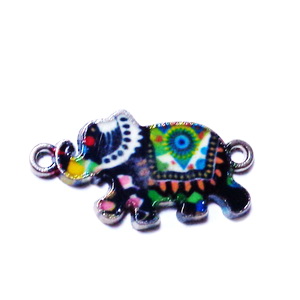 Pandantiv metalic emailat, argintiu cu negru-multicolor, elefant 14x26x2mm 1 buc