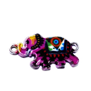 Pandantiv metalic emailat, argintiu cu mov-multicolor, elefant 14x26x2mm