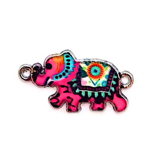 Pandantiv metalic emailat, argintiu cu roz-multicolor, elefant 14x26x2mm 1 buc