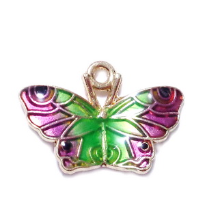 Pandantiv auriu, emailat, fluturas verde cu violet, 15x22x3mm